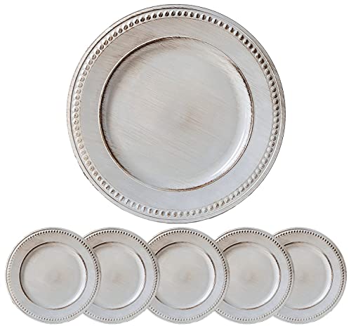 Umisriro White Charger Plates,13 Inch Vintage Dinner Plate Chargers Round Server Ware.Set of 6 Plastic Beaded Chargers for Dinner Plates, Party, Wedding(White)