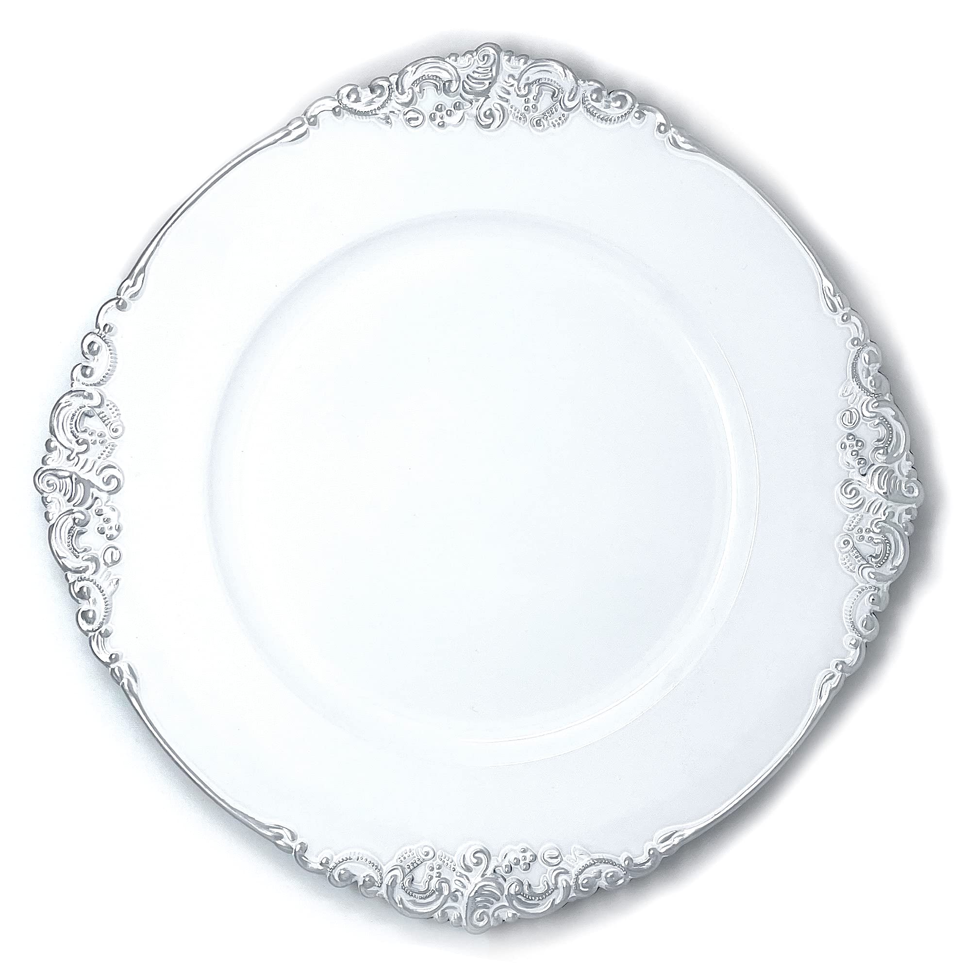 allgala 13-Inch 6-Pack Heavy Quality Round Charger Plates-Floral White Silver Trim-HD80342