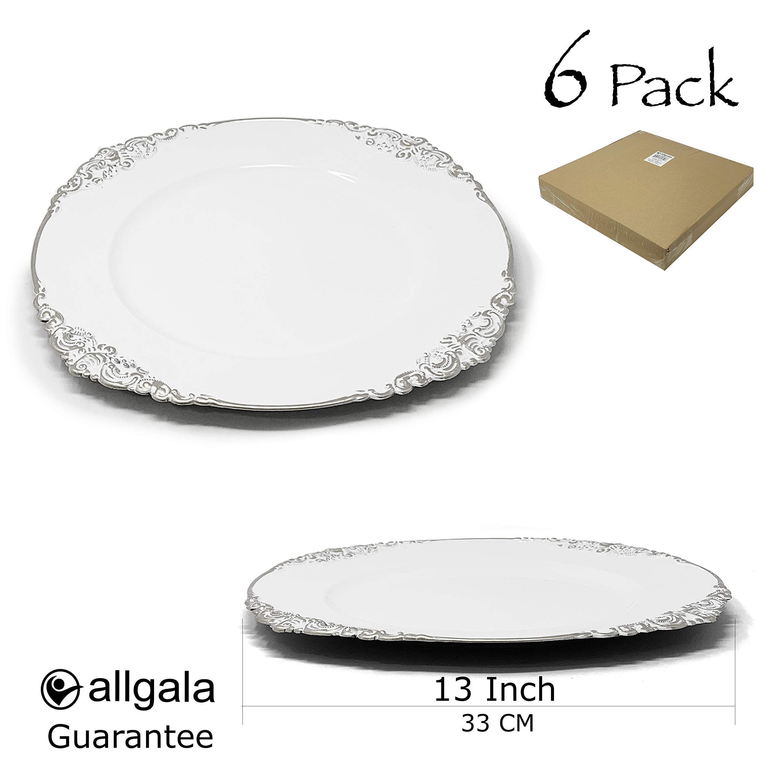 allgala 13-Inch 6-Pack Heavy Quality Round Charger Plates-Floral White Silver Trim-HD80342