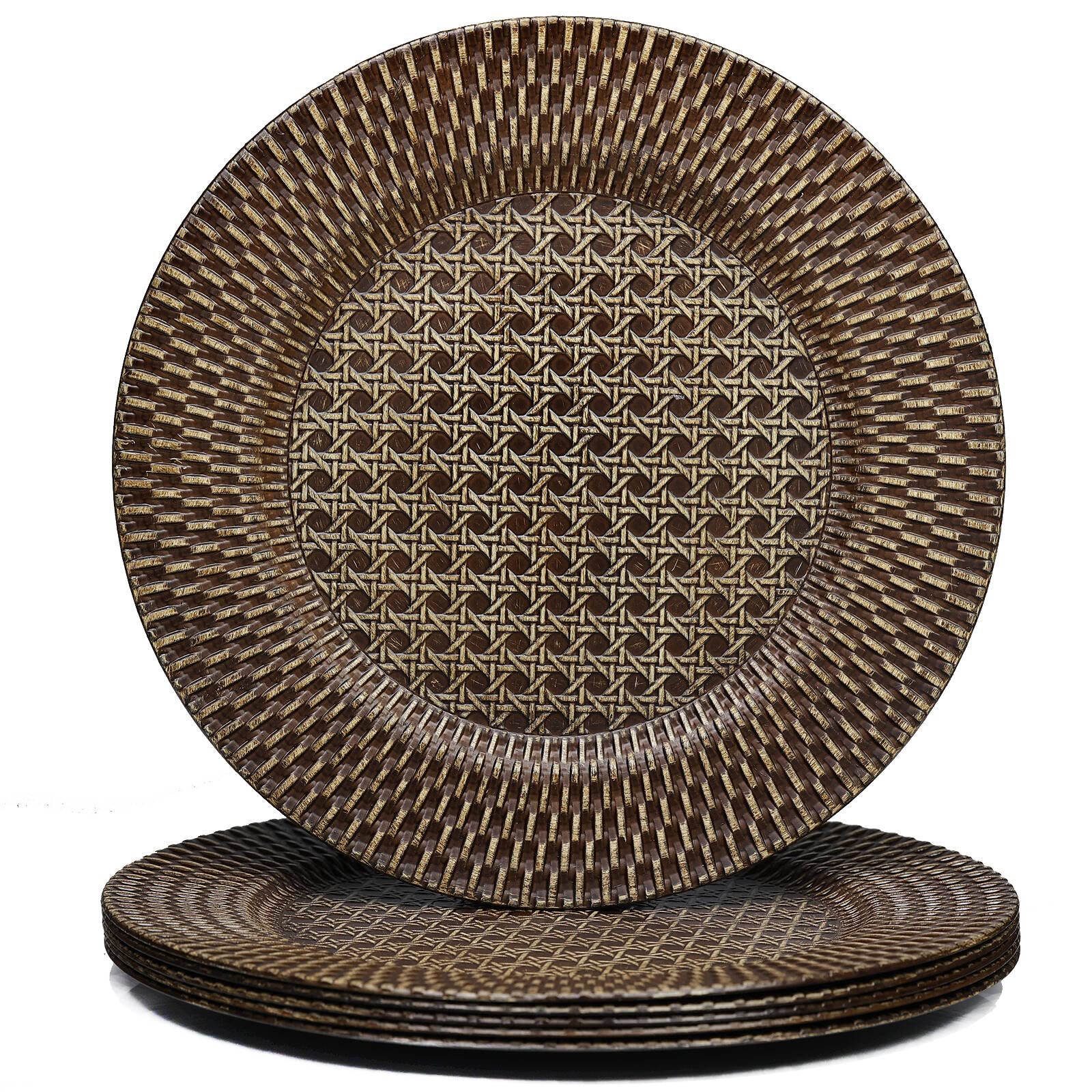 Spsyrine Faux Rattan Rustic Charger Plates, Set of 6 Elegant Round Plastic Plate Chargers for Dinner, Decorative for Events and Parties. (Plaid)