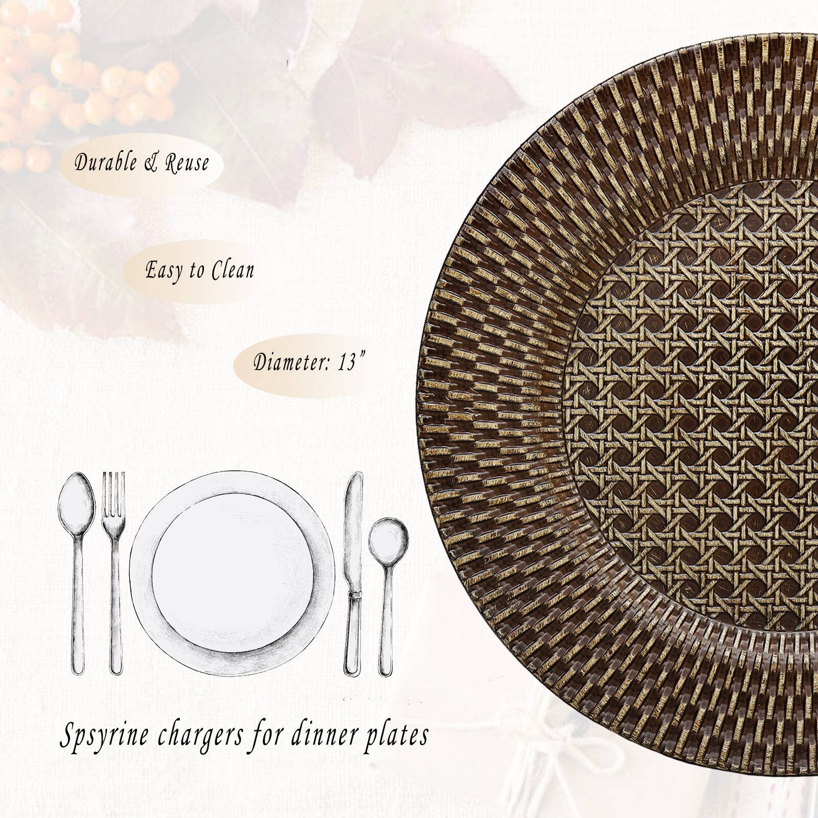 Spsyrine Faux Rattan Rustic Charger Plates, Set of 6 Elegant Round Plastic Plate Chargers for Dinner, Decorative for Events and Parties. (Plaid)