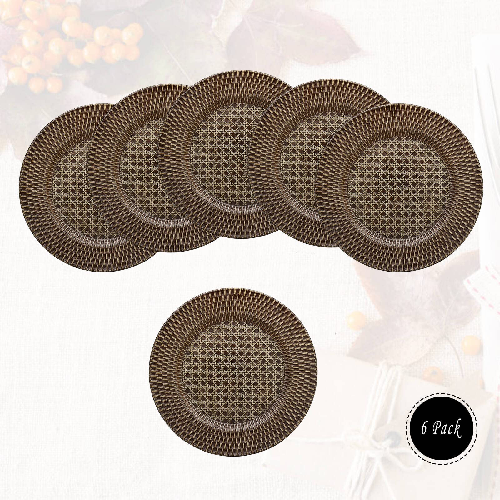 Spsyrine Faux Rattan Rustic Charger Plates, Set of 6 Elegant Round Plastic Plate Chargers for Dinner, Decorative for Events and Parties. (Plaid)