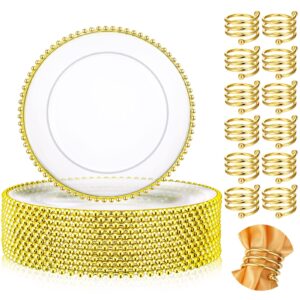 yinder 12 set gold beaded charger plates and napkin rings, acrylic gold beaded clear chargers for dinner serving plates with gold beaded rim wedding dinning table party decoration