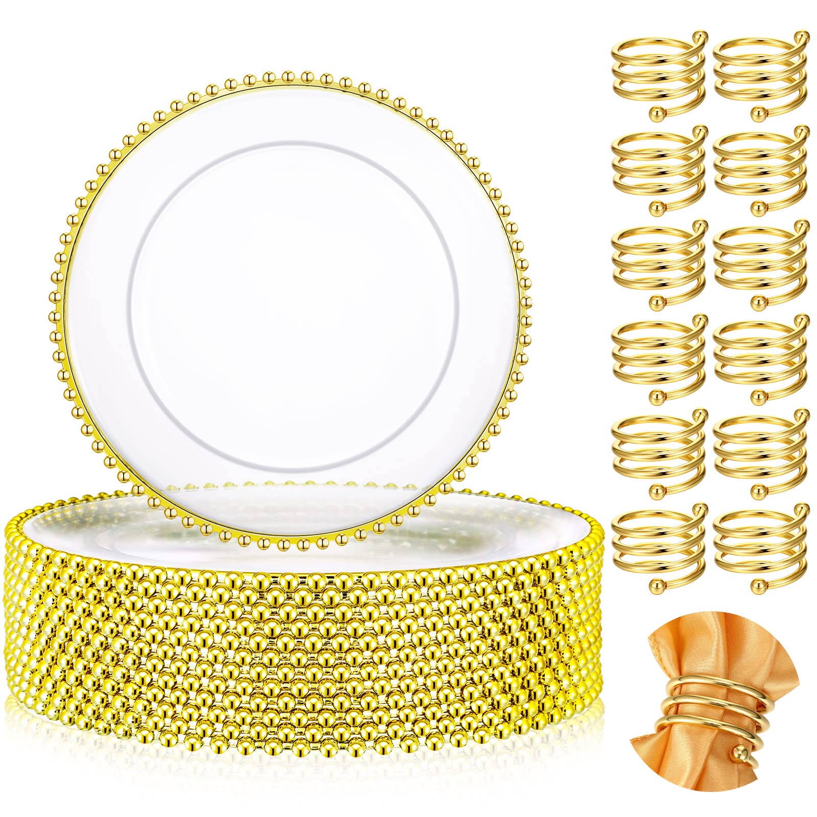 Yinder 12 Set Gold Beaded Charger Plates and Napkin Rings, Acrylic Gold Beaded Clear Chargers for Dinner Serving Plates with Gold Beaded Rim Wedding Dinning Table Party Decoration