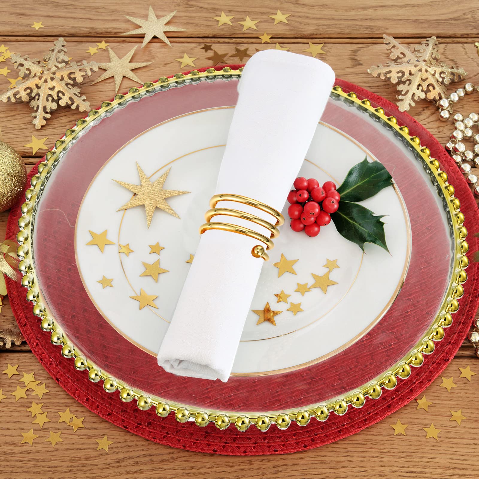 Yinder 12 Set Gold Beaded Charger Plates and Napkin Rings, Acrylic Gold Beaded Clear Chargers for Dinner Serving Plates with Gold Beaded Rim Wedding Dinning Table Party Decoration
