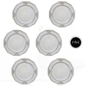 Spsyrine Antique White Charger Plates, Set of 6 Embossed Baroque Chargers for Dinner Plates, Wedding, Party
