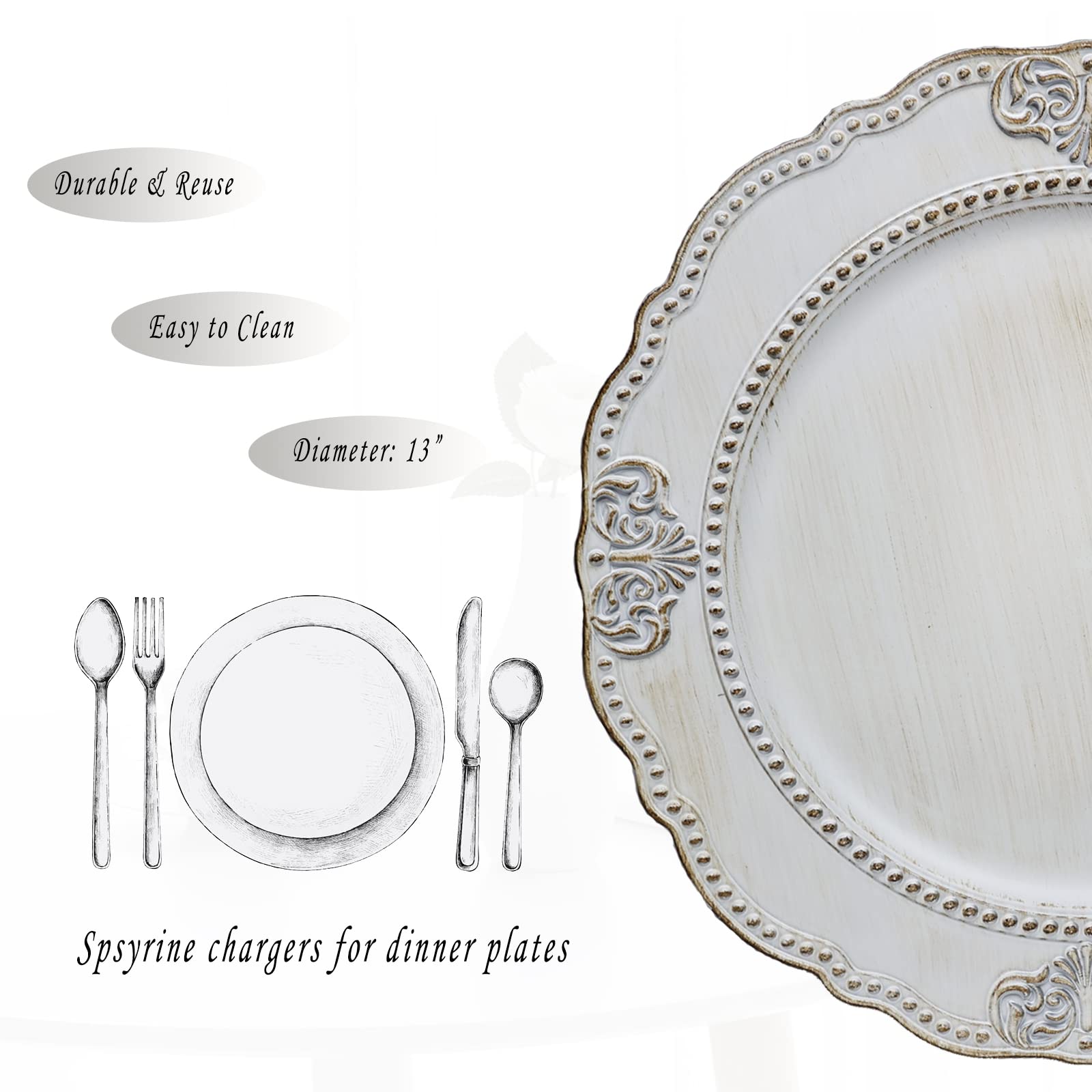 Spsyrine Antique White Charger Plates, Set of 6 Embossed Baroque Chargers for Dinner Plates, Wedding, Party