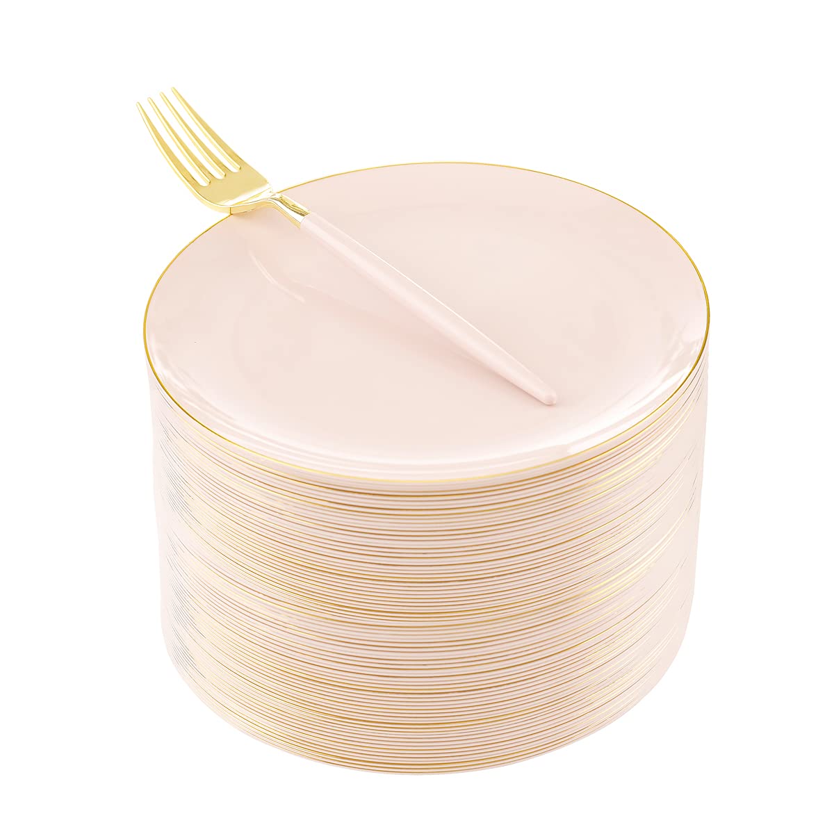 LIYH 48pcs Pink Plastic Plates with 48pcs Pink Dessert Forks,Gold and Pink Dessert Plates,Plastic Salad Plates,Pink Cake Plates with Forks for Parties,Birtday,Bridal Shower