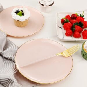 LIYH 48pcs Pink Plastic Plates with 48pcs Pink Dessert Forks,Gold and Pink Dessert Plates,Plastic Salad Plates,Pink Cake Plates with Forks for Parties,Birtday,Bridal Shower