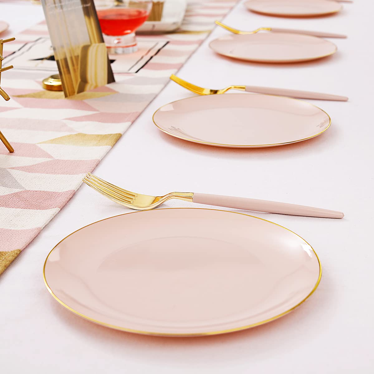 LIYH 48pcs Pink Plastic Plates with 48pcs Pink Dessert Forks,Gold and Pink Dessert Plates,Plastic Salad Plates,Pink Cake Plates with Forks for Parties,Birtday,Bridal Shower