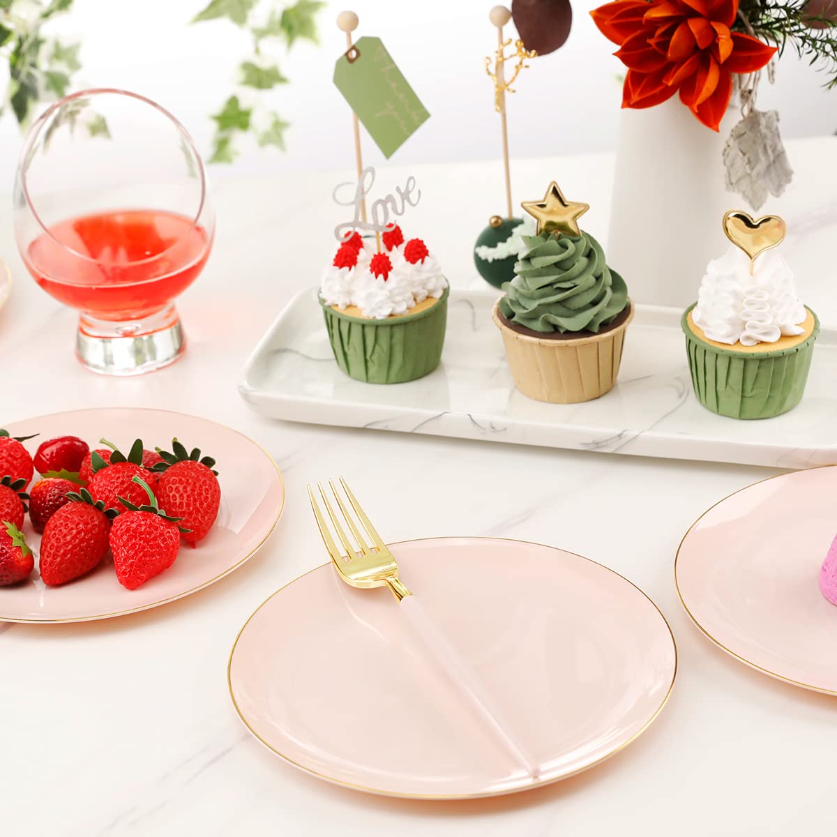 LIYH 48pcs Pink Plastic Plates with 48pcs Pink Dessert Forks,Gold and Pink Dessert Plates,Plastic Salad Plates,Pink Cake Plates with Forks for Parties,Birtday,Bridal Shower