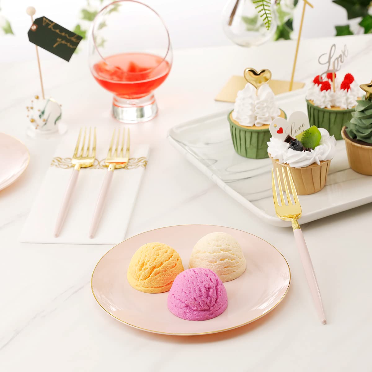 LIYH 48pcs Pink Plastic Plates with 48pcs Pink Dessert Forks,Gold and Pink Dessert Plates,Plastic Salad Plates,Pink Cake Plates with Forks for Parties,Birtday,Bridal Shower