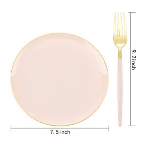 LIYH 48pcs Pink Plastic Plates with 48pcs Pink Dessert Forks,Gold and Pink Dessert Plates,Plastic Salad Plates,Pink Cake Plates with Forks for Parties,Birtday,Bridal Shower