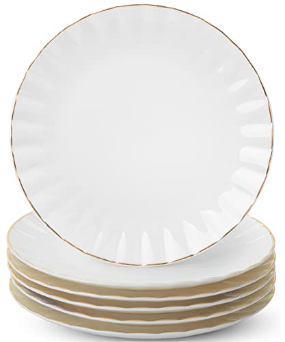 BTaT- White Dessert Plates, Set of 6, 8 inch, White Porcelain with Gold Trim, Small Plate, Small Appetizer Plates, Small White Plates, Dessert Plates Porcelain, White Plates