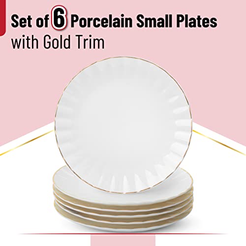 BTaT- White Dessert Plates, Set of 6, 8 inch, White Porcelain with Gold Trim, Small Plate, Small Appetizer Plates, Small White Plates, Dessert Plates Porcelain, White Plates