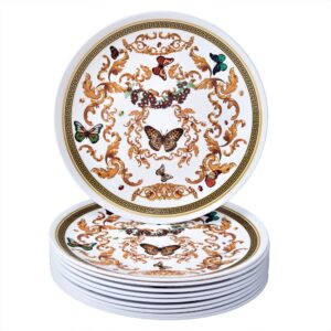 white and gold plastic dessert plates for party (10 pc) heavy duty disposable dinner set 7.5", fine china look dishes for baby showers, birthdays, weddings, holidays & events - versi collection