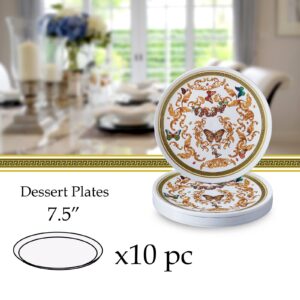 White and Gold Plastic Dessert Plates for Party (10 PC) Heavy Duty Disposable Dinner Set 7.5", Fine China Look Dishes for Baby Showers, Birthdays, Weddings, Holidays & Events - Versi Collection