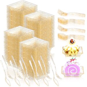 100 pieces 1oz mini dessert plates with spoons forks 2.4 inch gold glitter disposable square appetizer trays small clear gold tasting plate for dessert salad sauces tastings cake wedding party