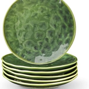Ceramic Round Dessert Salad Plates - 8 Inch, Set of 6, Microwave, Oven, and Dishwasher Safe, Scratch Resistant, Porcelain Fluted Suitable for Snacks, Appetizer, Home, Party (Green)