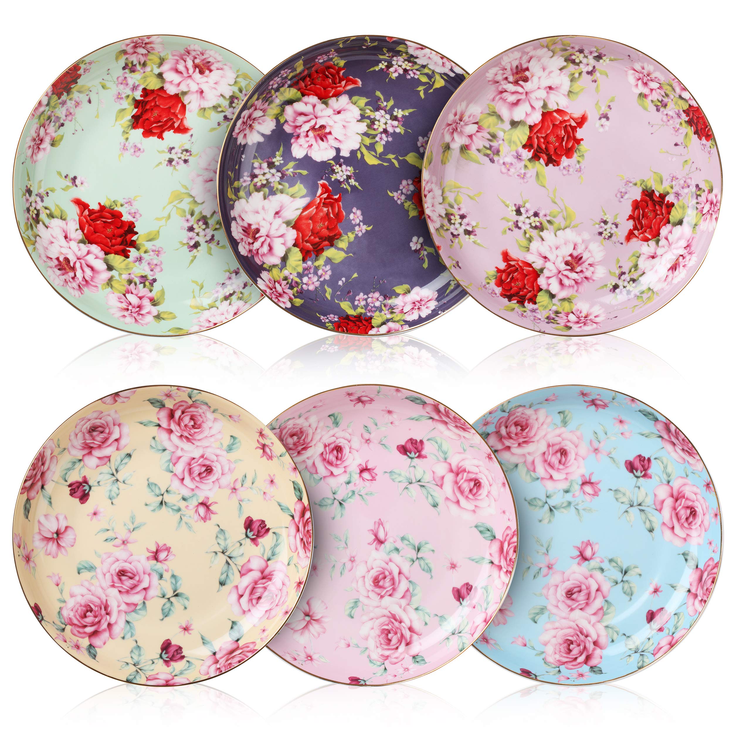 BTaT- Floral Dessert Plates, Deep Plates, 8 inch, Set of 6, Porcelain Bone China, Appetizer Plates, Floral Plates, Salad Plates, Small Plates, Small Plates Set, Small Dishes, Salad Plates