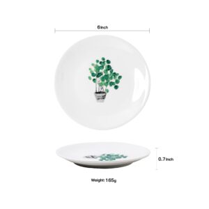 YCBH 6 Inch Set of 6 Assorted Designs, Small Porcelain Plates with Plants Pattern,White Ceramic Dinnerware for Appetizer Luncheon Snacks Dessert Serving Bread, Microwave Oven Dishwasher Safe