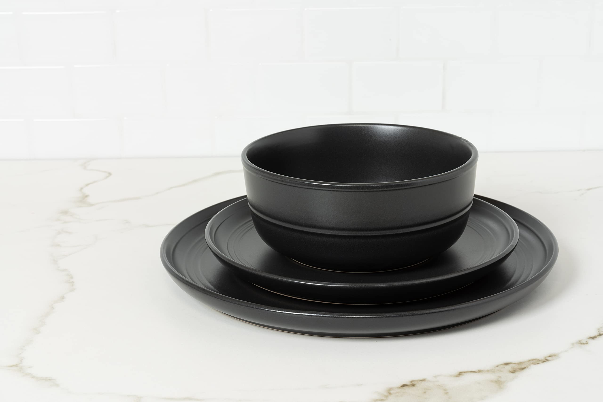 Double Line 10.5" Dinner Plate, Set of 6, Matte Black