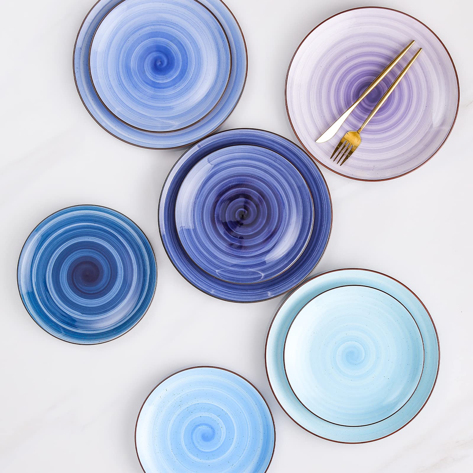 KitchenTour Ceramic Dinner Plates, 8 Inch Porcelain Serving Plate for Salad, Dessert Pizza Steak Pasta Plates Set, Dishwasher and Microwave Safe - Set of 6, Assorted Cool Colors