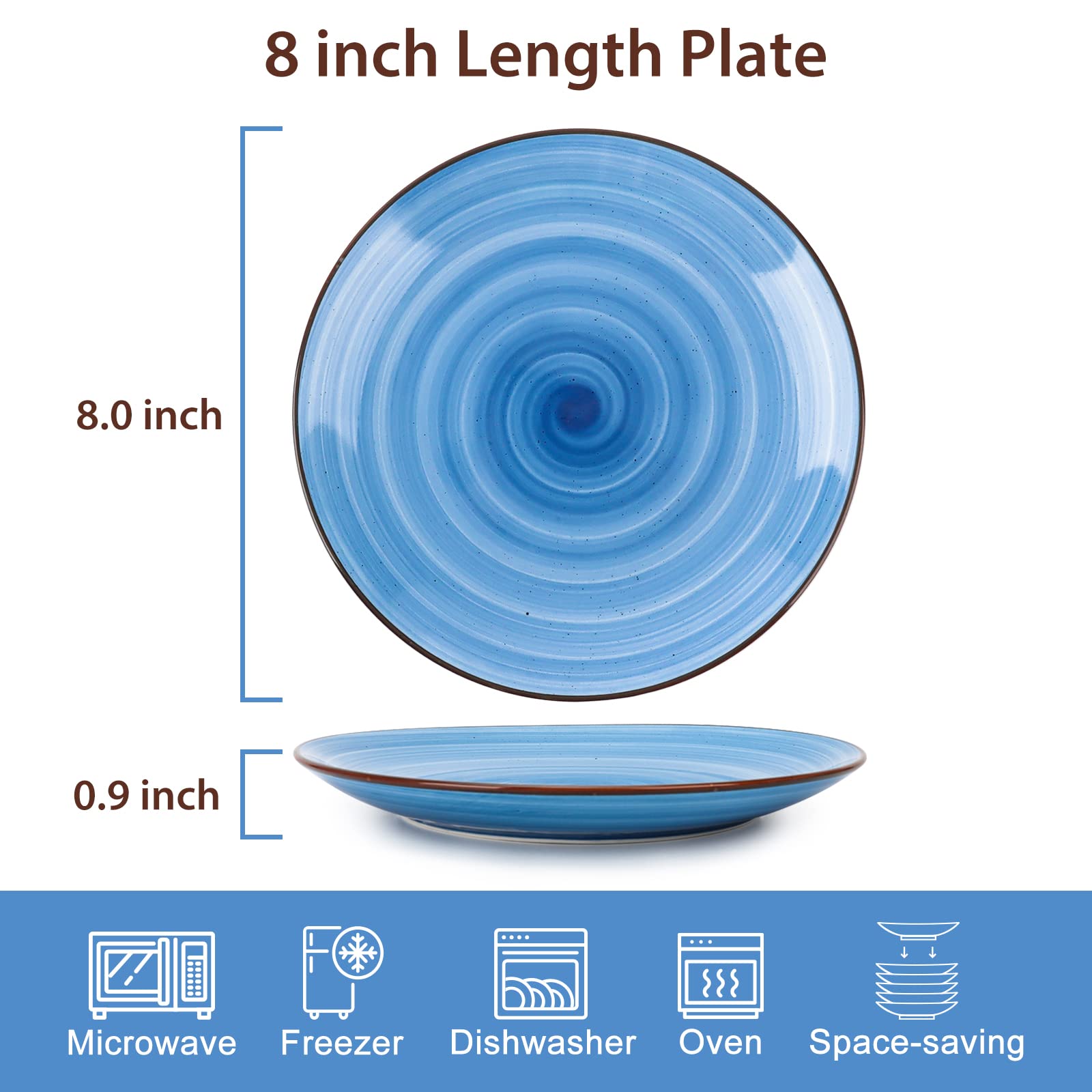 KitchenTour Ceramic Dinner Plates, 8 Inch Porcelain Serving Plate for Salad, Dessert Pizza Steak Pasta Plates Set, Dishwasher and Microwave Safe - Set of 6, Assorted Cool Colors