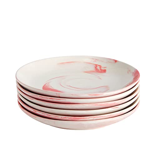 Juvale 6 Pack Pink Marble Ceramic Plates, 10 Inches, Microwave and Dishwasher Safe Pink Marbled Plates for Kitchen