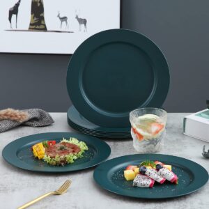 Kyraton 10 Inch Large Plastic Plates 8 Pieces, Dishwasher Safe, Unbreakable And Reusable Light Weight Dinner Plates Microwave Safe BPA Free (Dark Green)