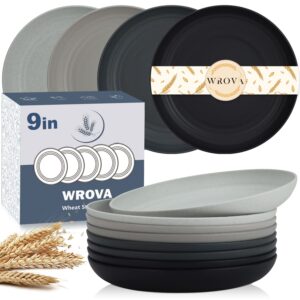 wrova wheat straw plates - 9 inch unbreakable dinner plates set of 8 - dishwasher & microwave safe plastic plates reusable - lightweight plates for kitchen,camping (classic series)