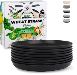 grow forward premium wheat straw plates - 10 inch hard plastic plates reusable - unbreakable microwave safe deep dinner plates set of 8 - outdoor plates for patio, camping, picnic, kids - midnight