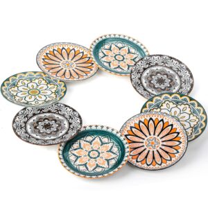foraineam 8 pieces salad plates, 8.5 inch porcelain floral dessert plates, colorful round lunch plate sets for appetizer salad fruit snack, dishwasher and microwave safe