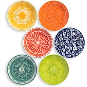 annovero appetizer plates, small colorful cute decorative porcelain dinnerware for salad, luncheon, dessert, serving dishes for entertaining, microwavable, 8.5 inch diameter, set of 6