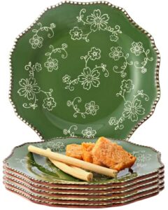 kunaboo artisanal small ceramic plates, salad plates, dessert plates ceramic plates set of 6-7.8” - sakura floral series pine green - ready to wrap gift