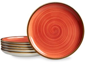 onemore ceramic plates set of 6, 8.5 inch small dinner plates for appetizer, salad and dessert. oven, microwave and dishwasher safe plate. rustic kitchen porcelain dish - red