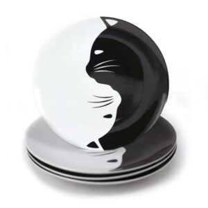 leadex black and white cat porcelain plate set, best gift for cat lover (8-inch salad plate set)