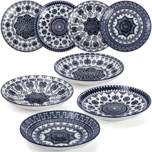 foraineam 8 pack porcelain salad plates, 6-3/4 inch blue and white floral shallow round serving plate for appetizer salad dessert and snack, microwave & dishwasher safe