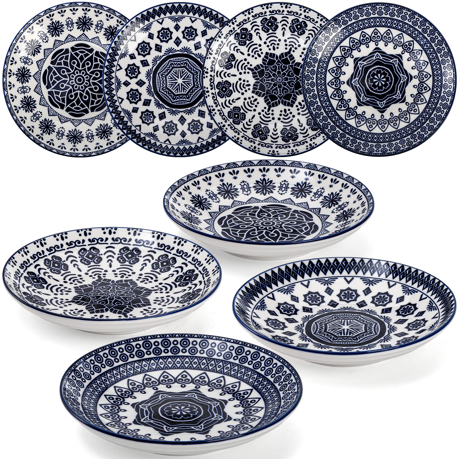 Foraineam 8 Pack Porcelain Salad Plates, 6-3/4 inch Blue and White Floral Shallow Round Serving Plate for Appetizer Salad Dessert and Snack, Microwave & Dishwasher Safe