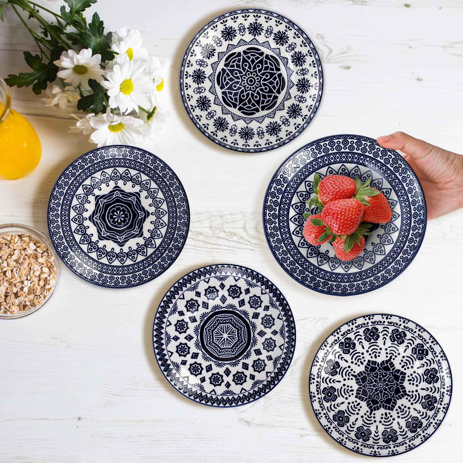 Foraineam 8 Pack Porcelain Salad Plates, 6-3/4 inch Blue and White Floral Shallow Round Serving Plate for Appetizer Salad Dessert and Snack, Microwave & Dishwasher Safe