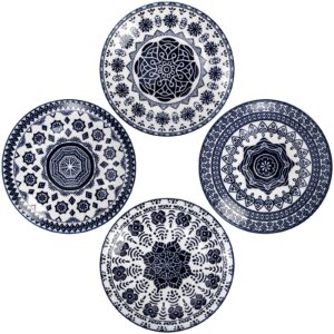 Foraineam 8 Pack Porcelain Salad Plates, 6-3/4 inch Blue and White Floral Shallow Round Serving Plate for Appetizer Salad Dessert and Snack, Microwave & Dishwasher Safe