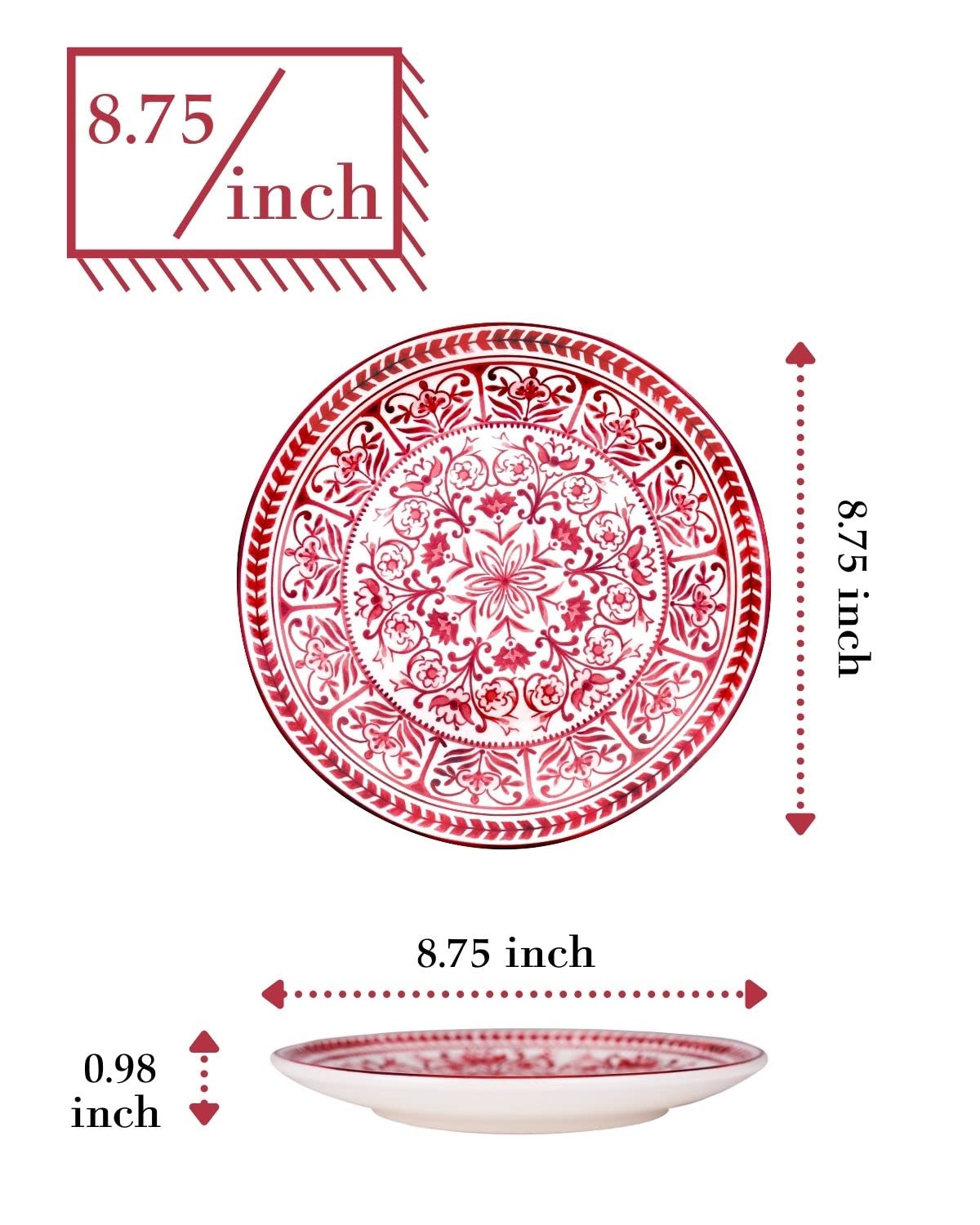 Sonemone Red Salad Plates 8.75 Inch, Set of 4, for Salad, Appetizer, Christmas, Microwave & Dishwasher Safe