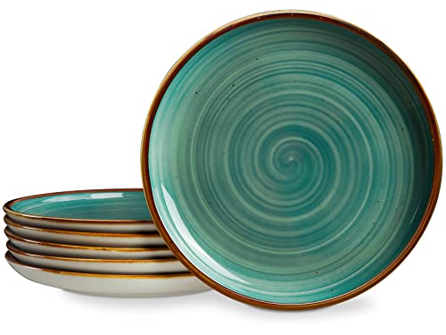 ONEMORE Ceramic Dinner Plates Set of 6, 8.5 inch Small Stoneware Plates for Appetizer, Salad and Dessert. Oven, Microwave and Dishwasher Safe Plate, Stackable, Rustic Kitchen Porcelain Dish, Teal