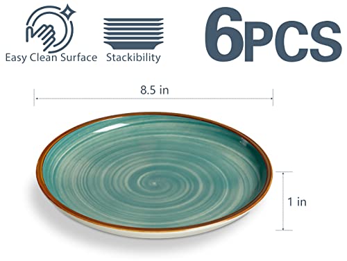 ONEMORE Ceramic Dinner Plates Set of 6, 8.5 inch Small Stoneware Plates for Appetizer, Salad and Dessert. Oven, Microwave and Dishwasher Safe Plate, Stackable, Rustic Kitchen Porcelain Dish, Teal