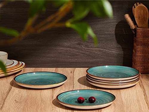 ONEMORE Ceramic Dinner Plates Set of 6, 8.5 inch Small Stoneware Plates for Appetizer, Salad and Dessert. Oven, Microwave and Dishwasher Safe Plate, Stackable, Rustic Kitchen Porcelain Dish, Teal