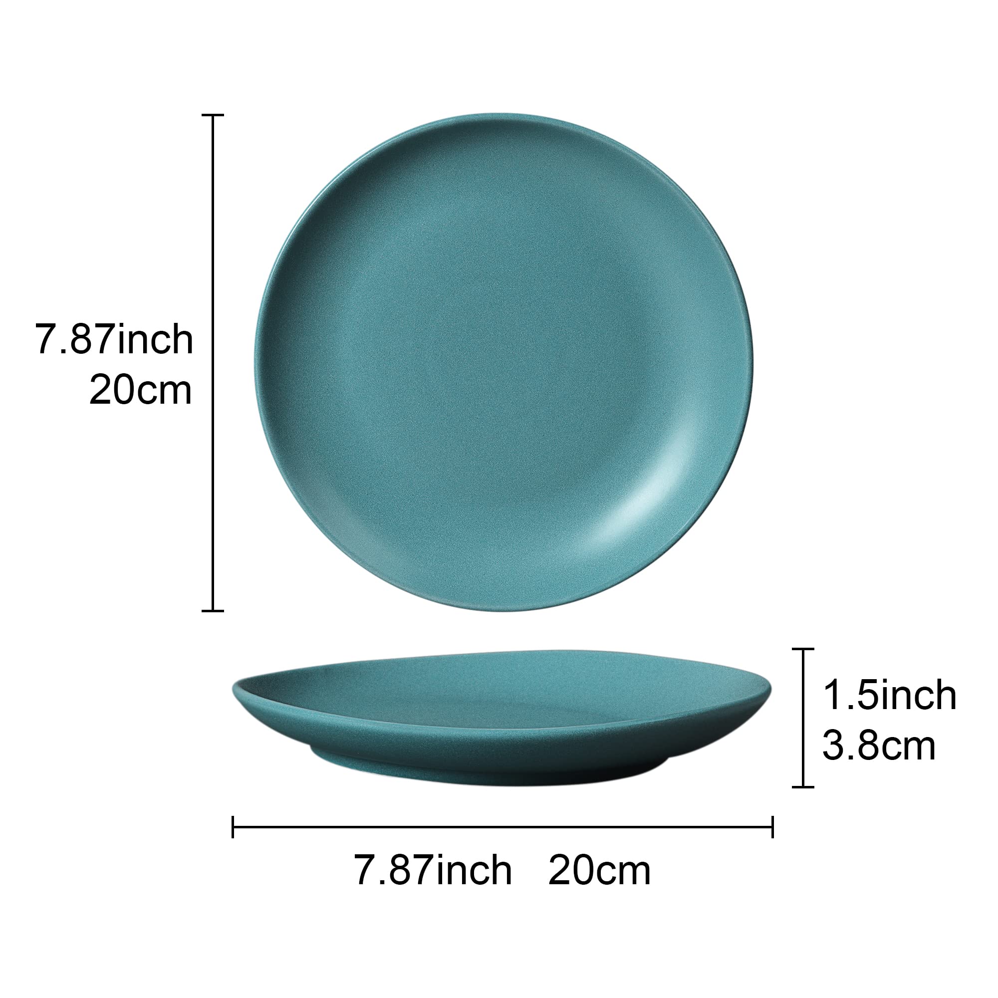 fanquare 8" Green Matte Dessert Plates Set of 4, Large Porcelain Pasta Plates, Modern Ceramic Dishes Set, Salad Plate