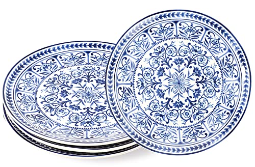 Sonemone 8.75 Inch Marrakesh Tile Floral Salad Plates, Blue Ceramic Plates Set of 4, for Salad, Pasta, Pancakes, Steak, Microwave & Dishwasher Safe