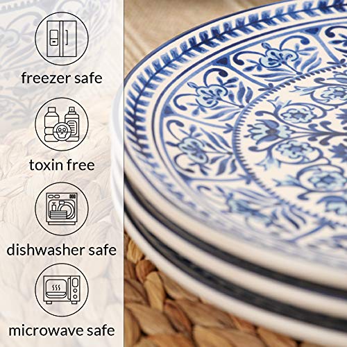 Sonemone 8.75 Inch Marrakesh Tile Floral Salad Plates, Blue Ceramic Plates Set of 4, for Salad, Pasta, Pancakes, Steak, Microwave & Dishwasher Safe