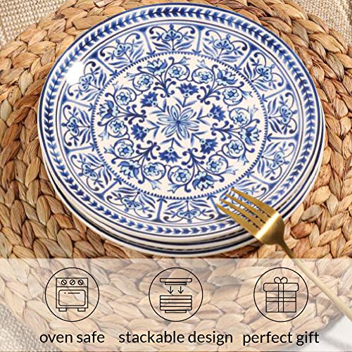 Sonemone 8.75 Inch Marrakesh Tile Floral Salad Plates, Blue Ceramic Plates Set of 4, for Salad, Pasta, Pancakes, Steak, Microwave & Dishwasher Safe