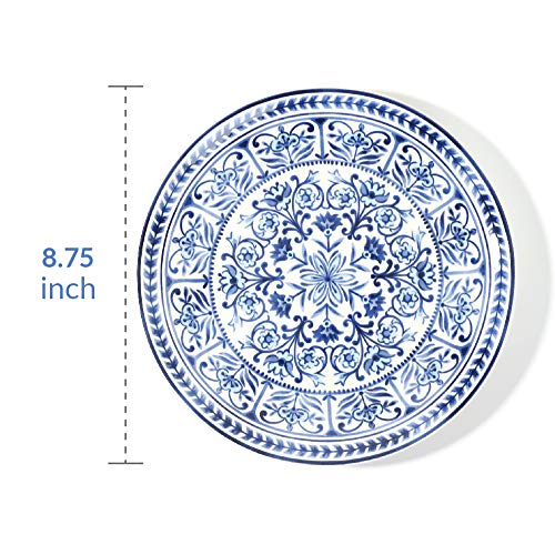 Sonemone 8.75 Inch Marrakesh Tile Floral Salad Plates, Blue Ceramic Plates Set of 4, for Salad, Pasta, Pancakes, Steak, Microwave & Dishwasher Safe